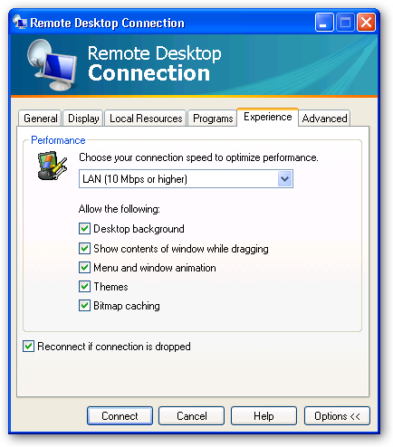 Remote Desktop Connection 6 - Experience Settings