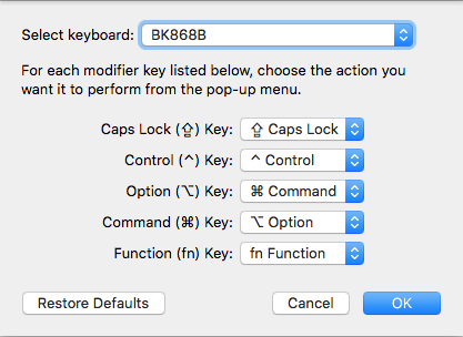Settings required to set up option/alt and command/win keys for macOS. 